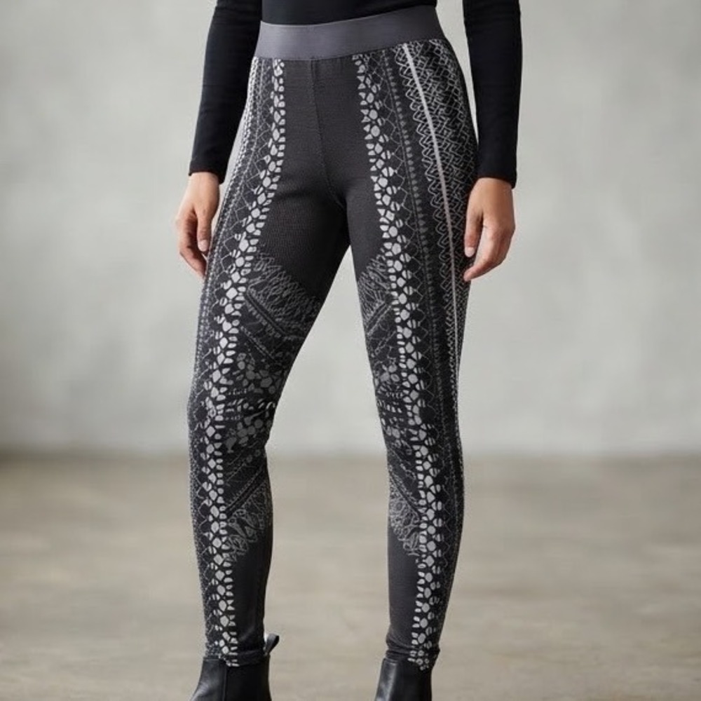 BCBGMAXAZRIA Womens XXS Geometric Tribal Print Leggings Charcoal Grey Black